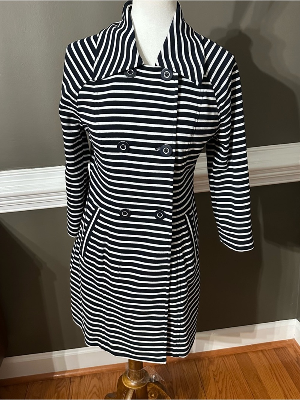 CAbi Navy & White Striped Maritime Double-Breasted Trench Coat
